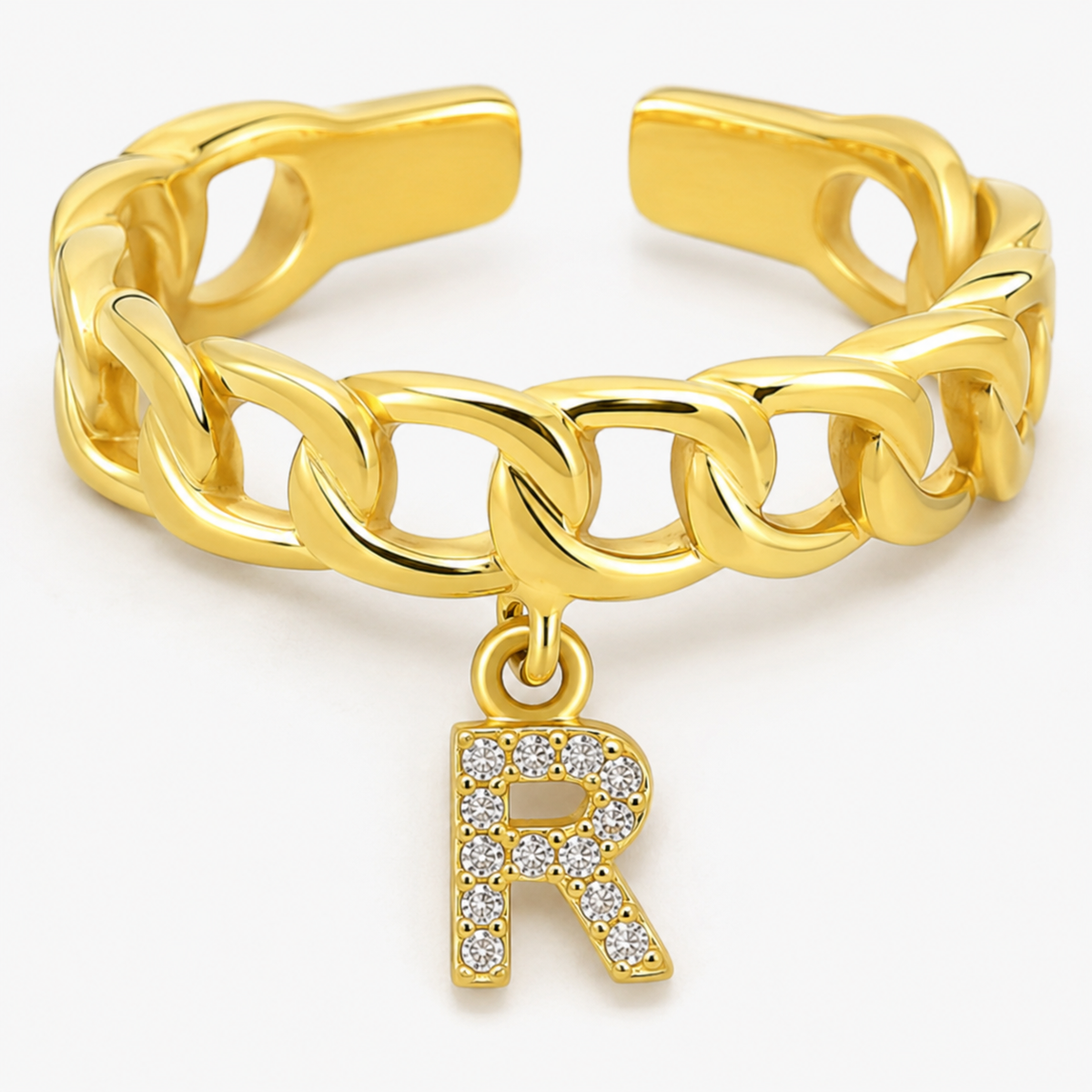 Close view of the chain links and CZ initial charm.