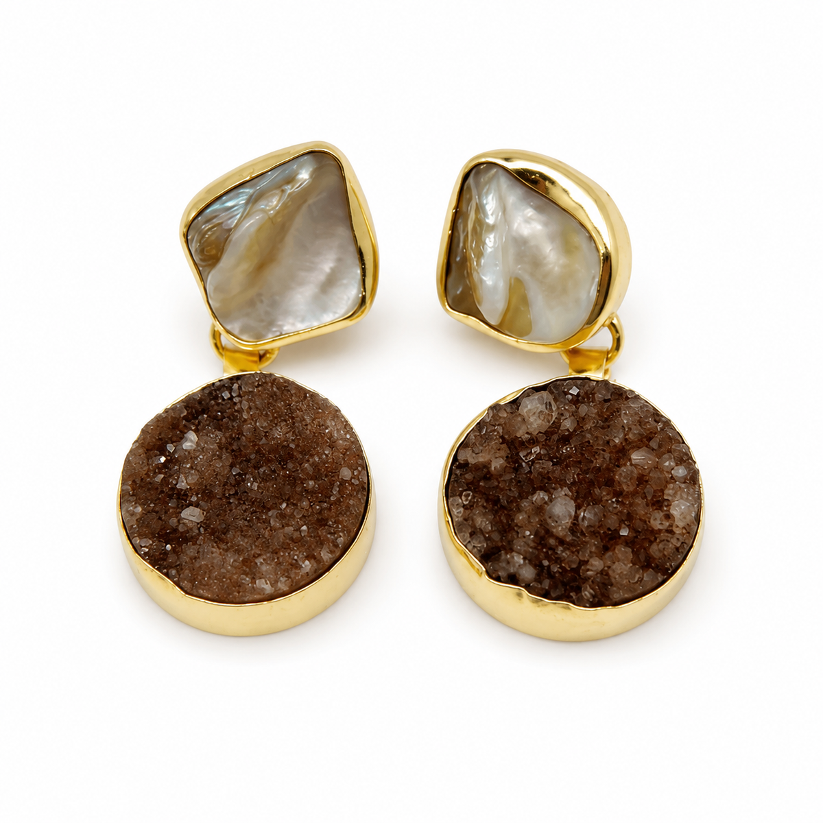 Gold-plated dangle earrings with black onyx-inspired cluster drops.
