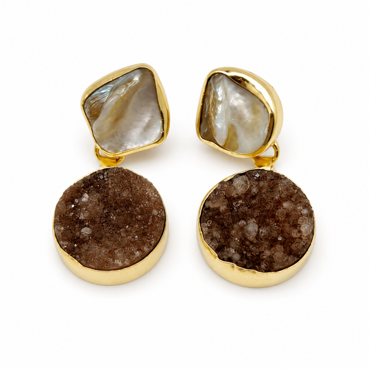 Gold-plated dangle earrings with black onyx-inspired cluster drops.