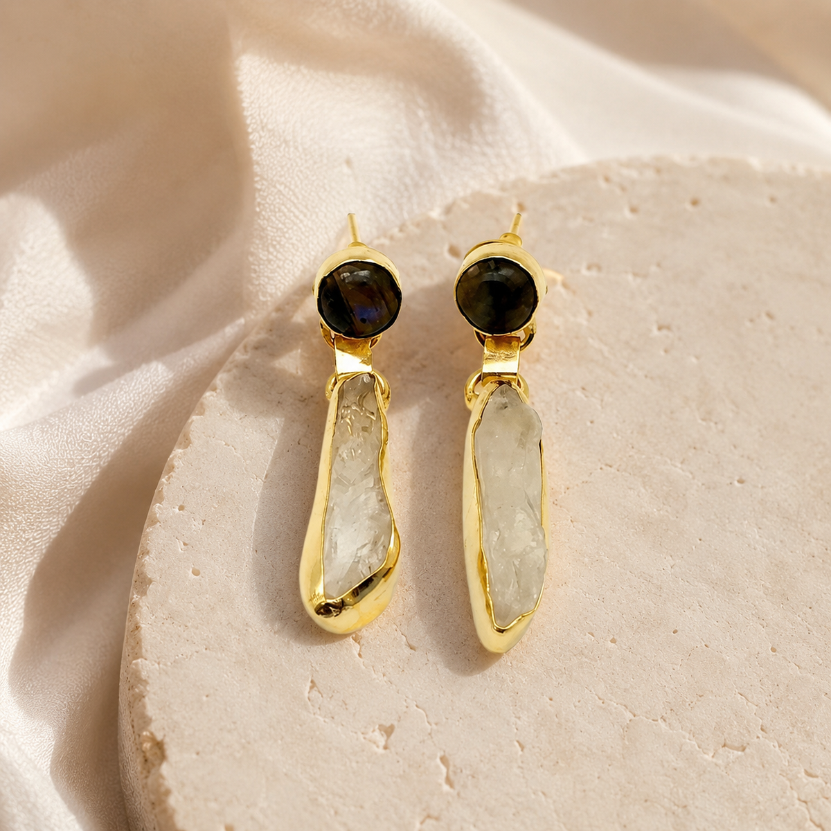 Gold plated drop earrings with a polished finish and mixed quartz stones.