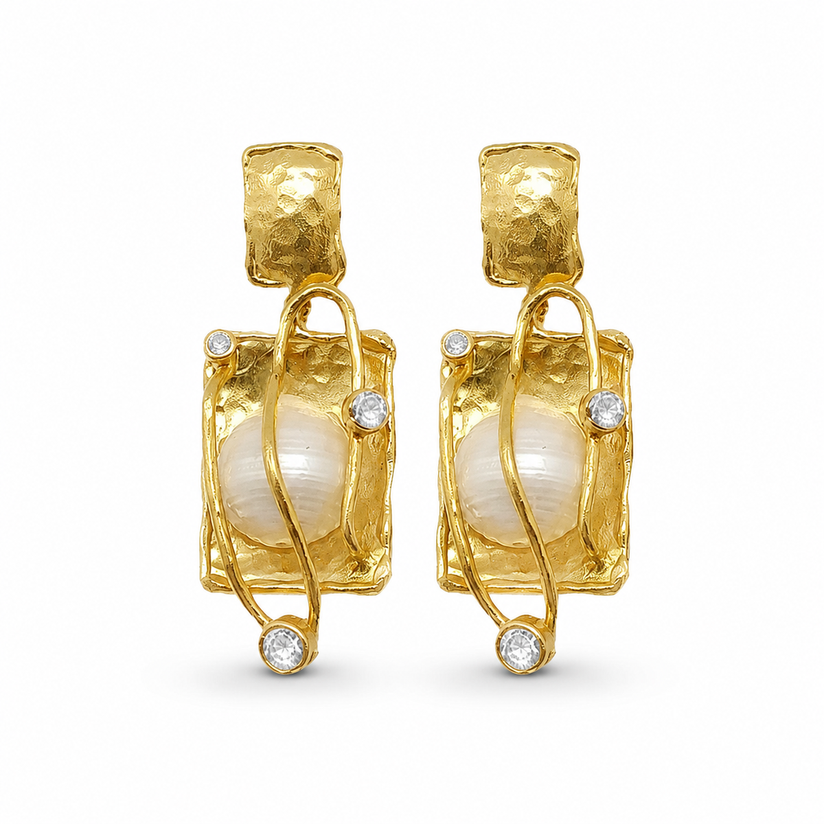 Pair of gold-plated drop earrings with a pearl center and caged design.