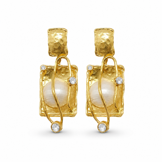Pair of gold-plated drop earrings with a pearl center and caged design.
