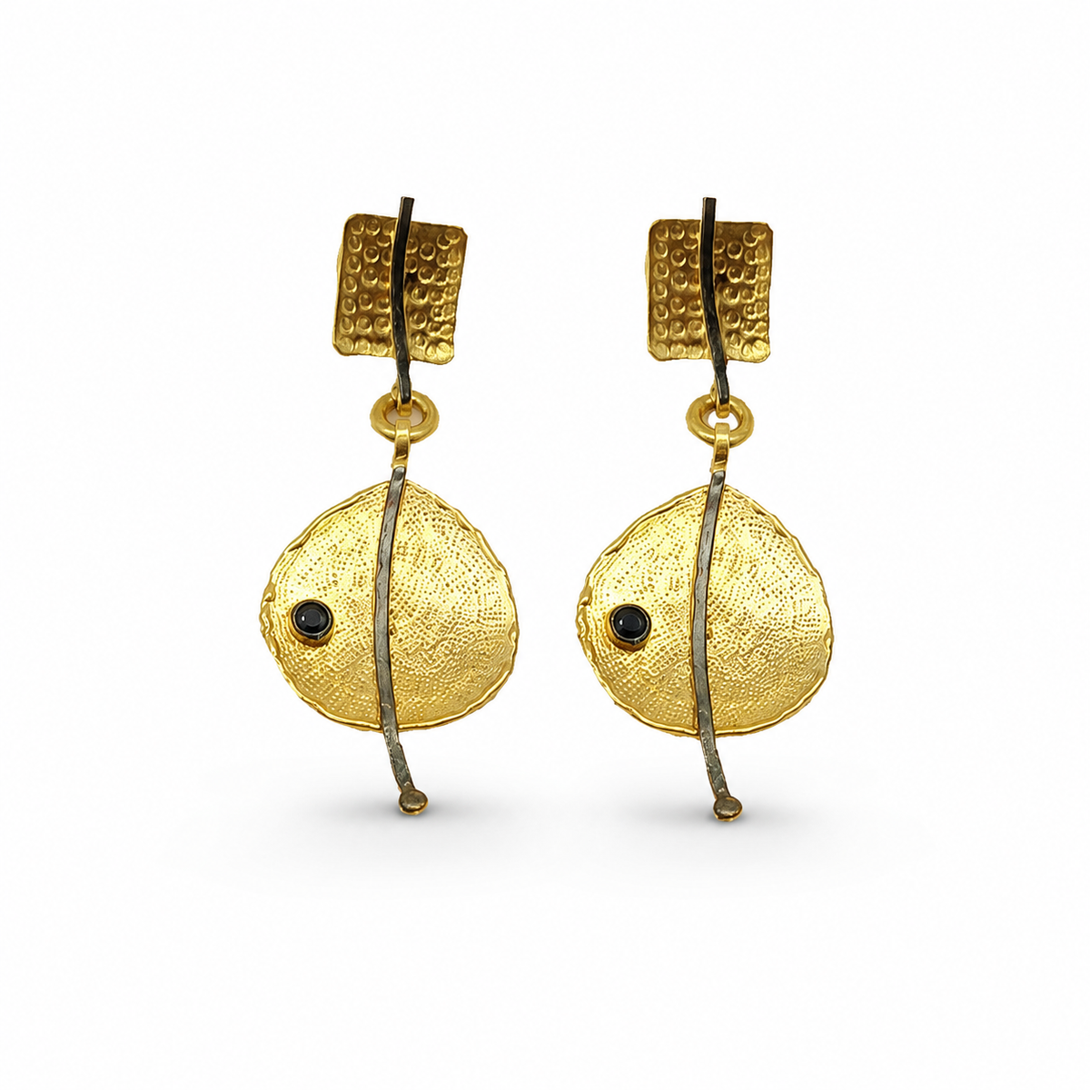 Gold-plated drop earrings with hammered disc shapes and a black bead accent.