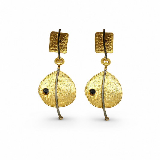 Gold-plated drop earrings with hammered disc shapes and a black bead accent.