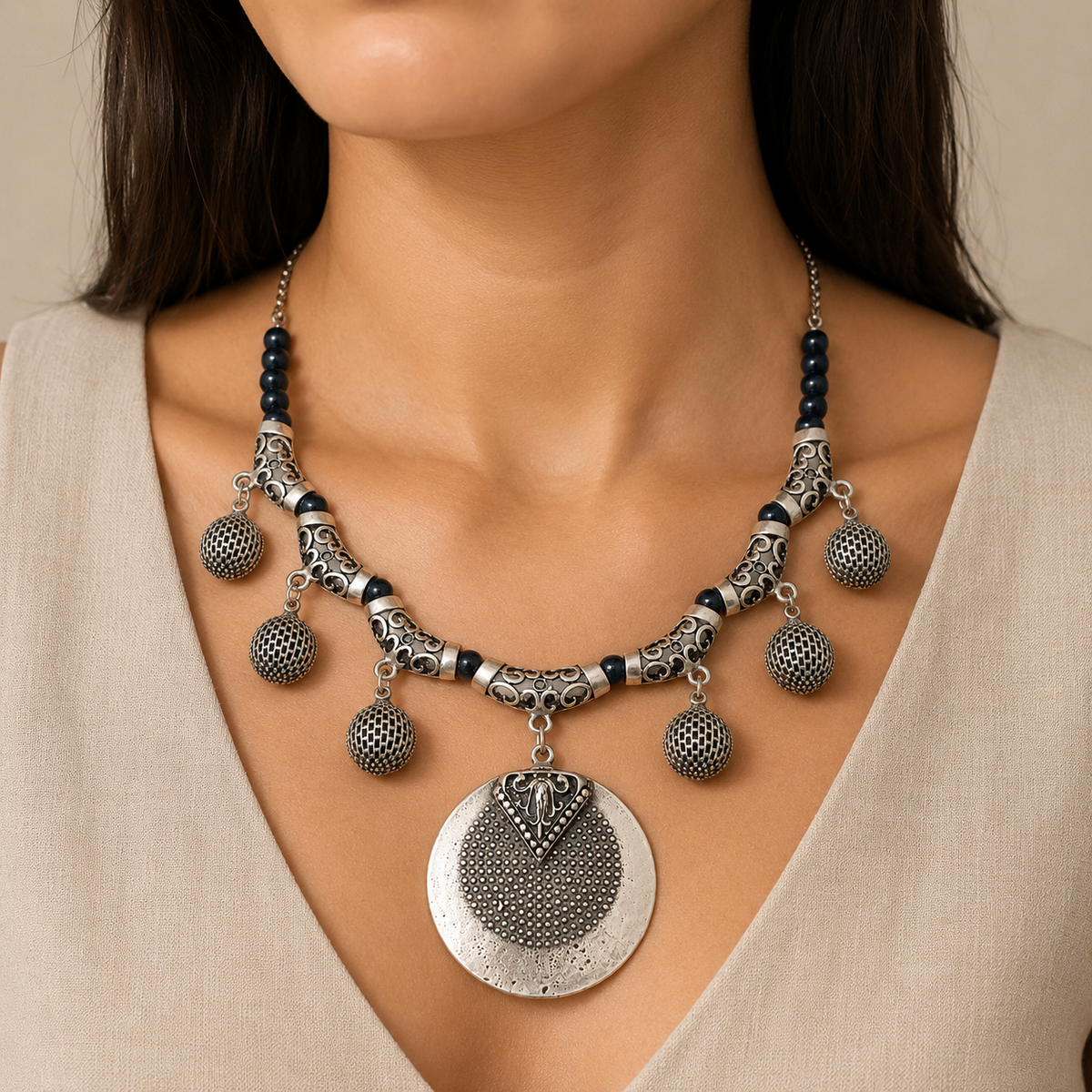 Black bead necklace with a silver-toned medallion pendant shown on a white background.