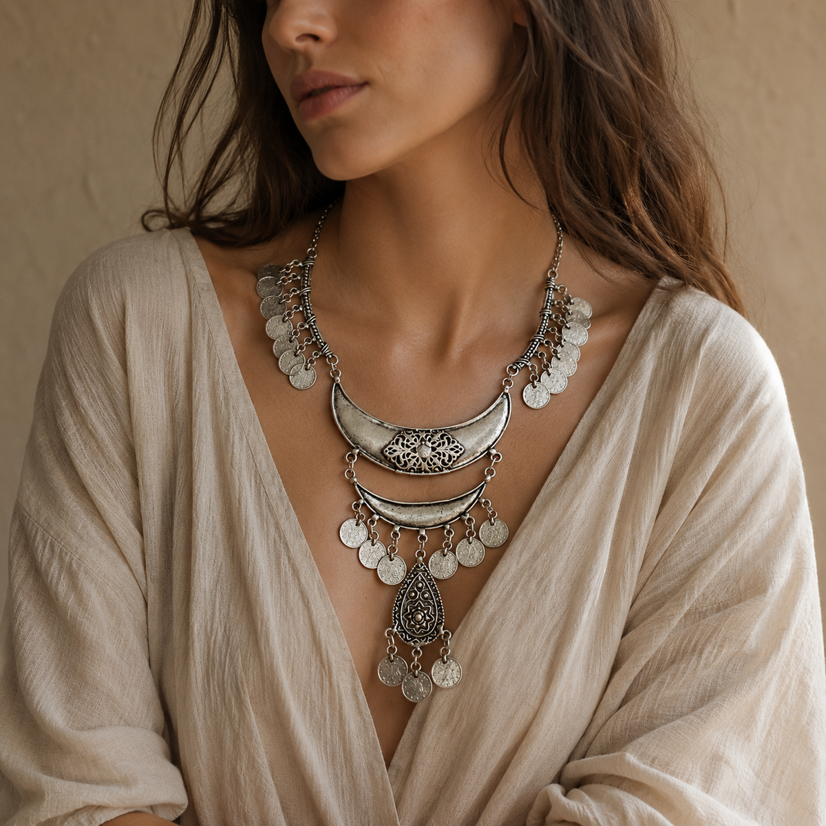 Silver-tone necklace with ornate center detailing and fringe accents.