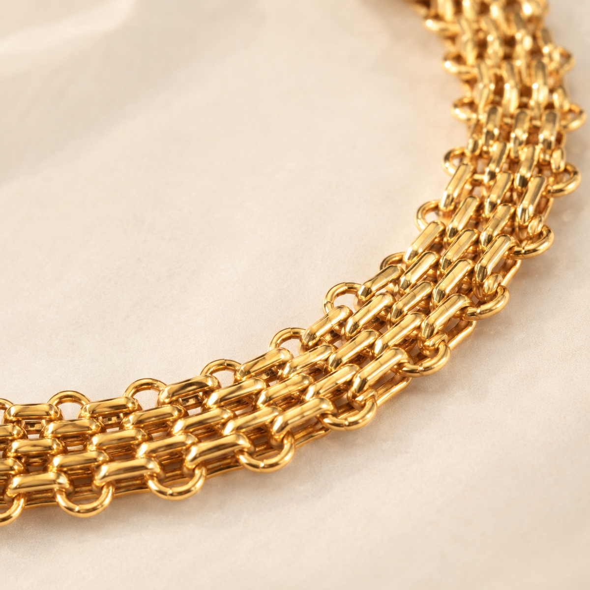 Close view of the necklace's polished flat chain links and clasp.