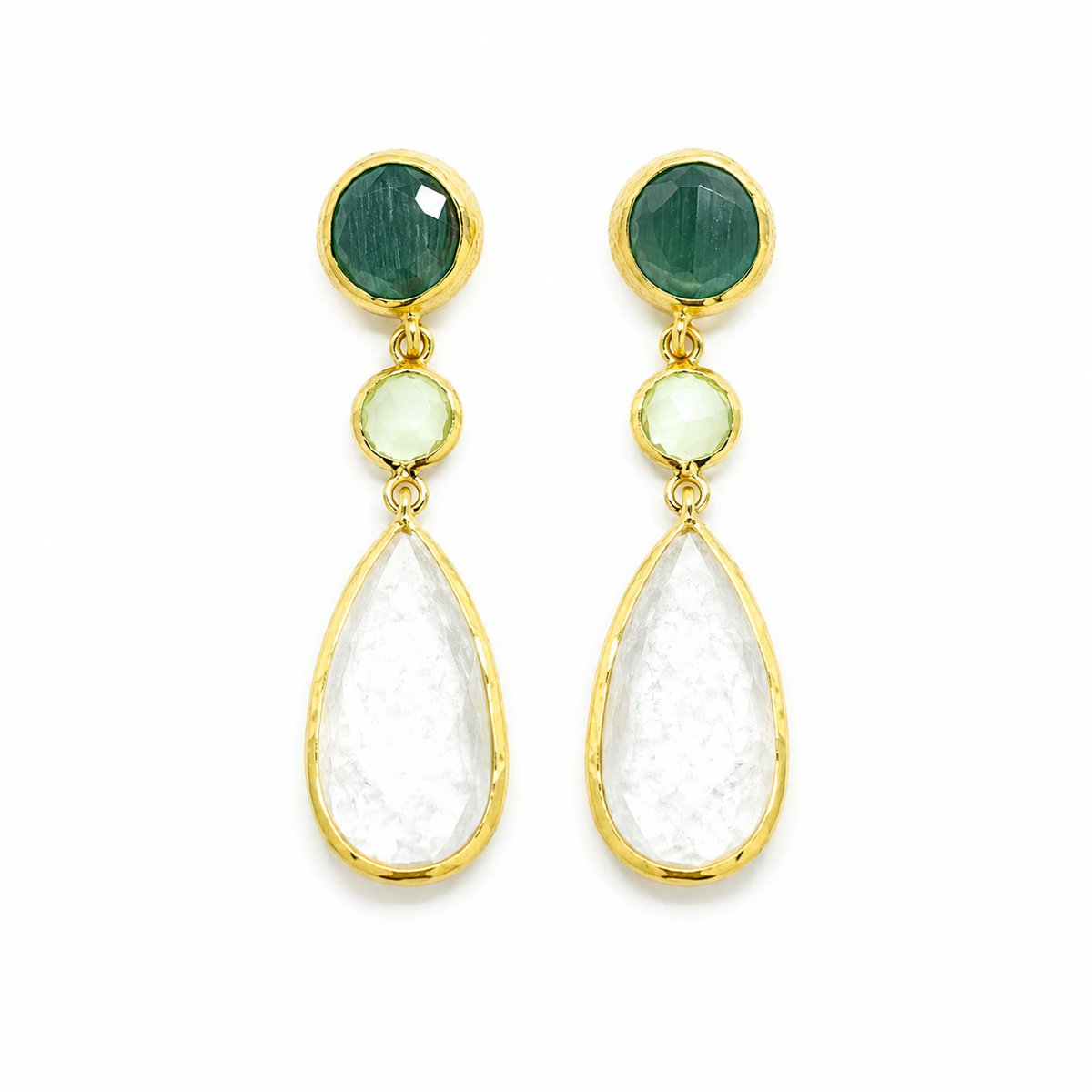 Gold-plated drop earrings with deep green, pale green, and clear teardrop stones.