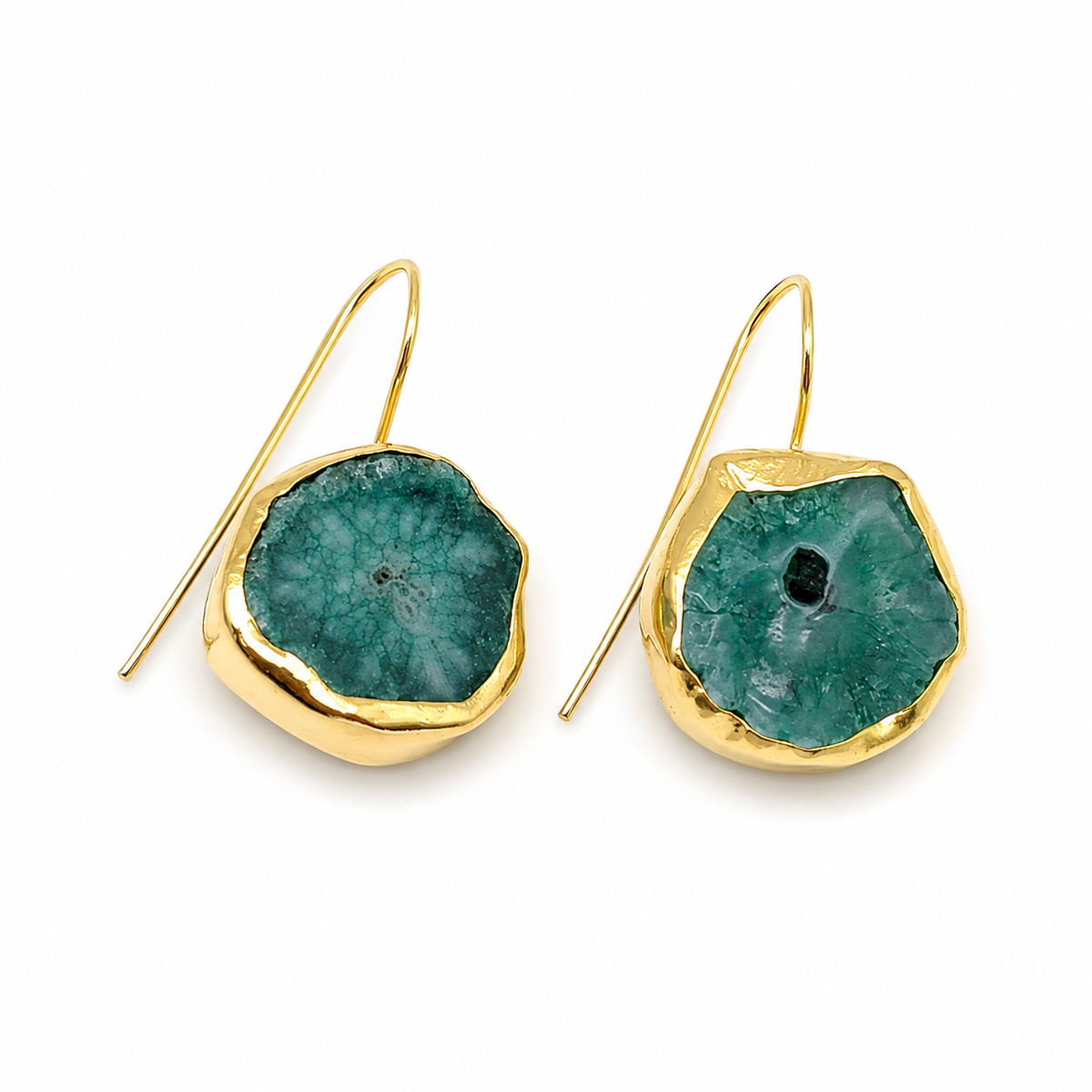 Gold-plated drop earrings with brown druzy mother of pearl centers and an organic round shape.