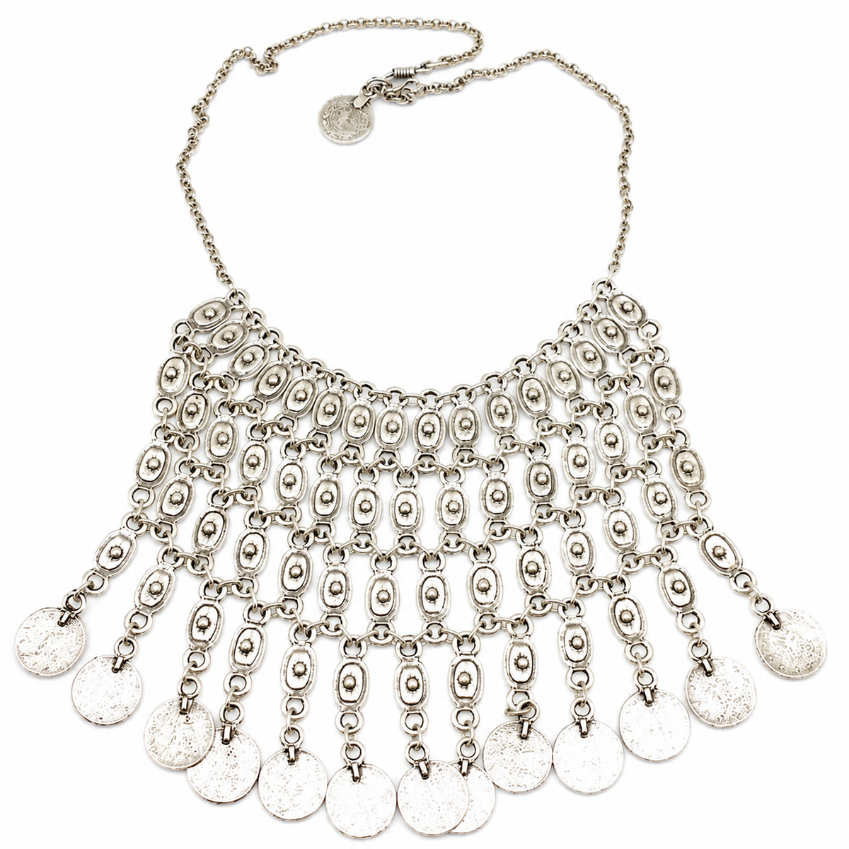 Silver-tone bib necklace with oval links and coin fringe.