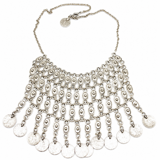 Silver-tone bib necklace with oval links and coin fringe.