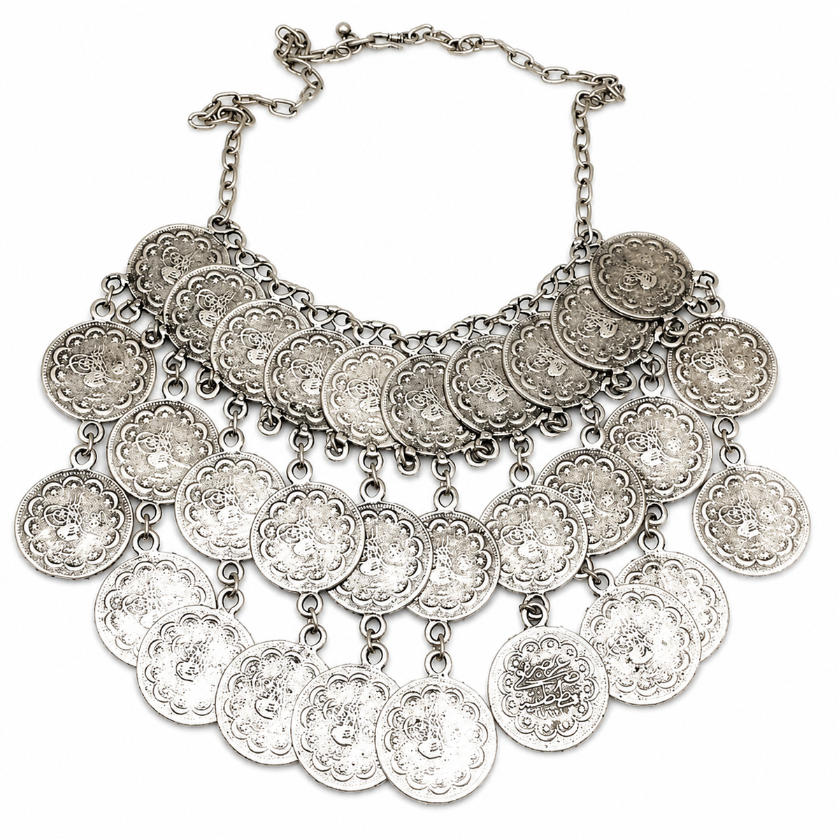 Silver-tone layered coin bib necklace with a wide statement silhouette.