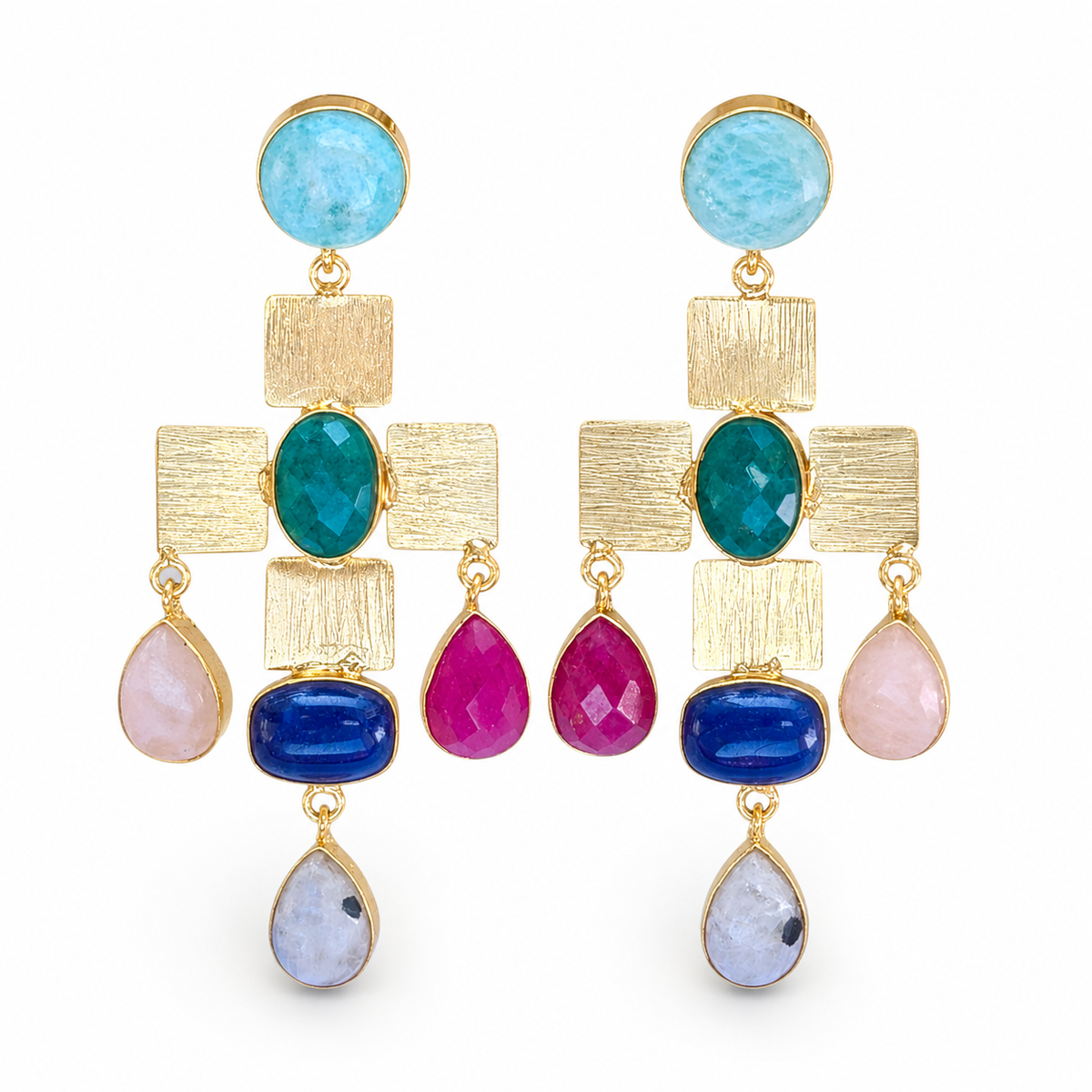 Gold-plated statement earrings with a cross-shaped mosaic design and colorful stone accents.