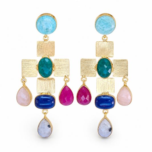 Gold-plated statement earrings with a cross-shaped mosaic design and colorful stone accents.