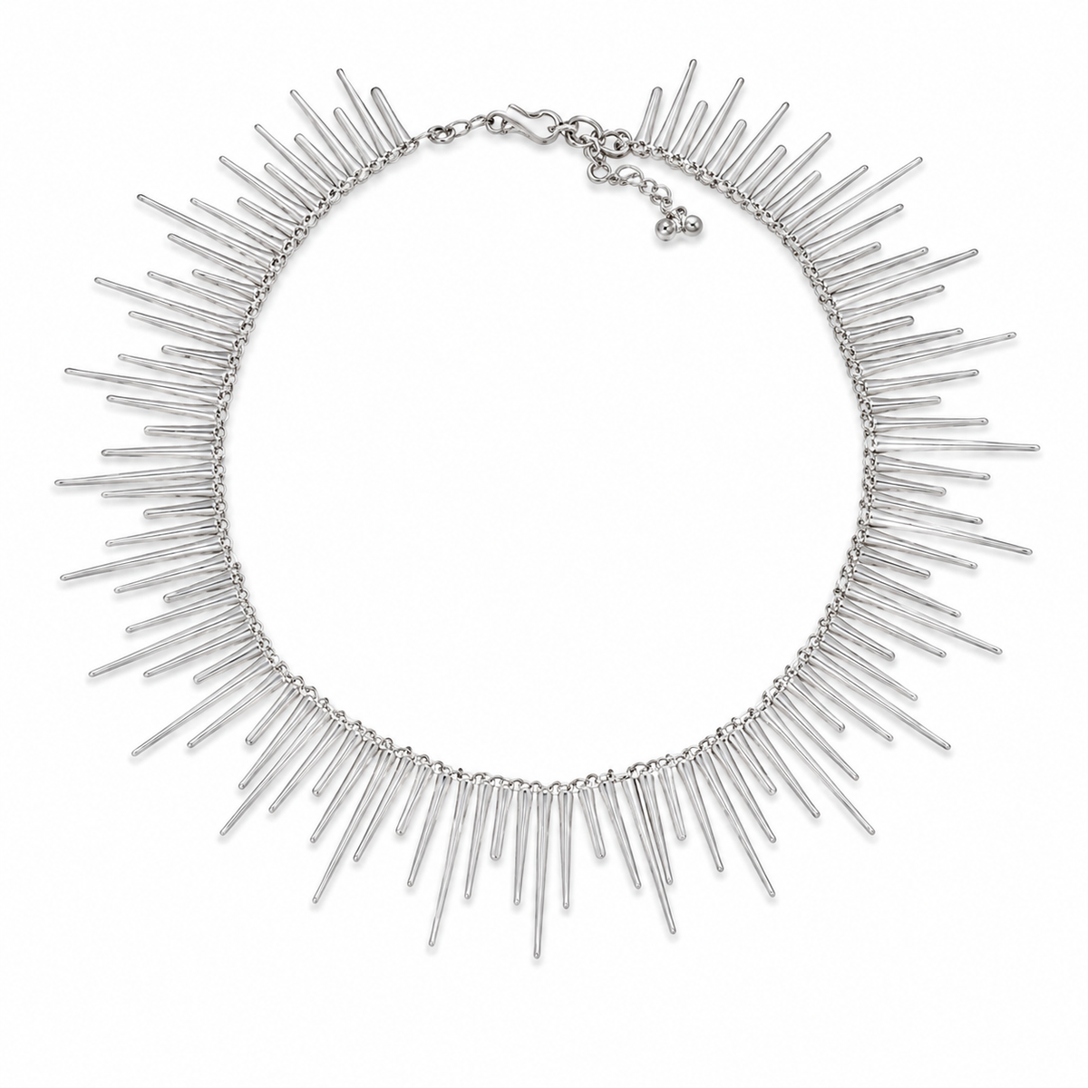 Silver-tone collar necklace with long spike details arranged around the neckline.
