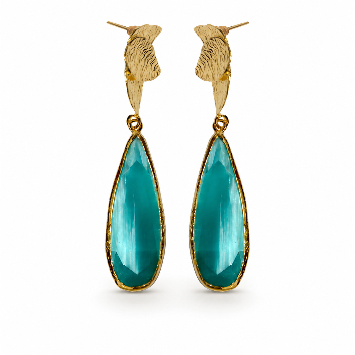 Gold-plated drop earrings with turquoise teardrop stones and sculpted tops.