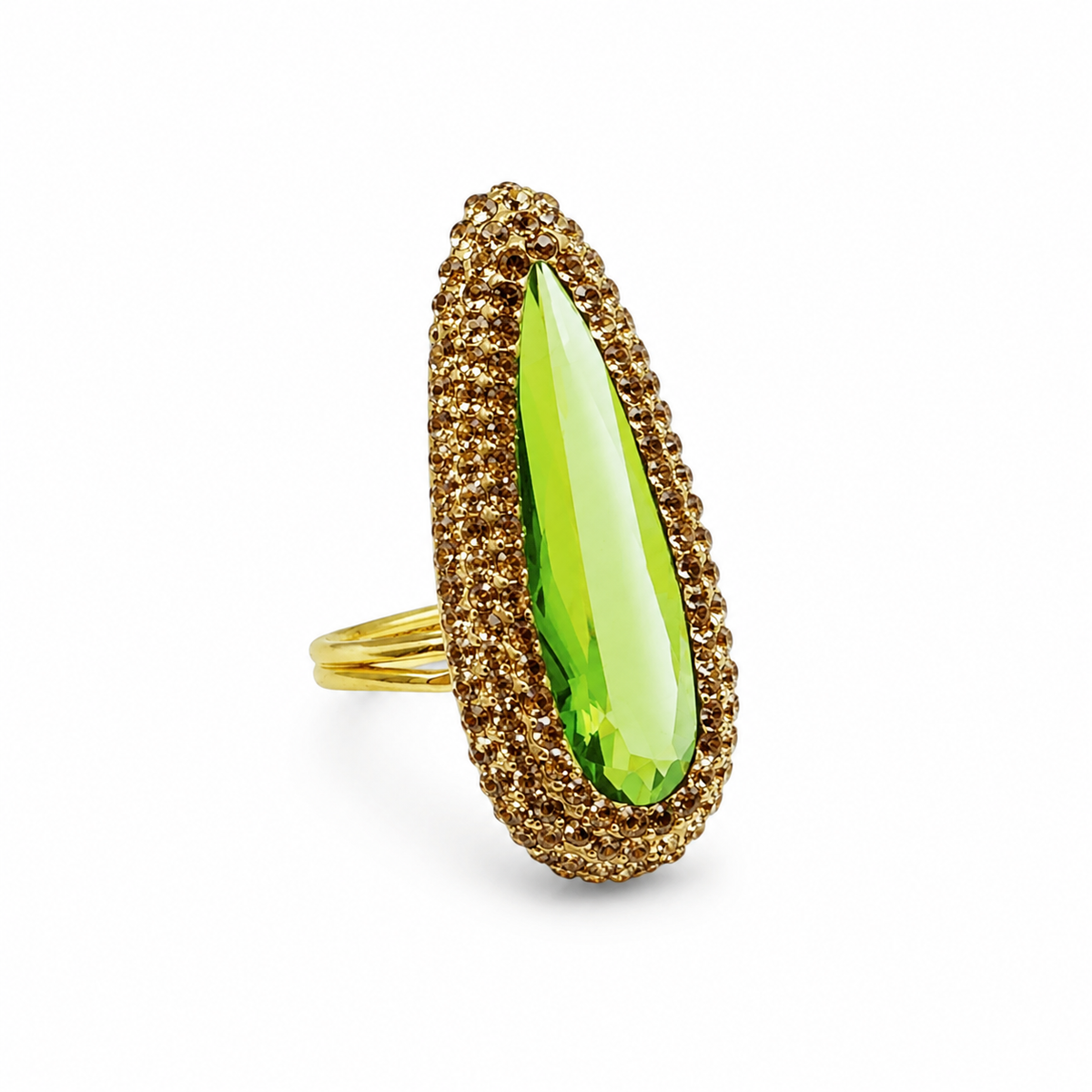 Gold-tone ring with a long marquise-cut green center stone and textured frame.