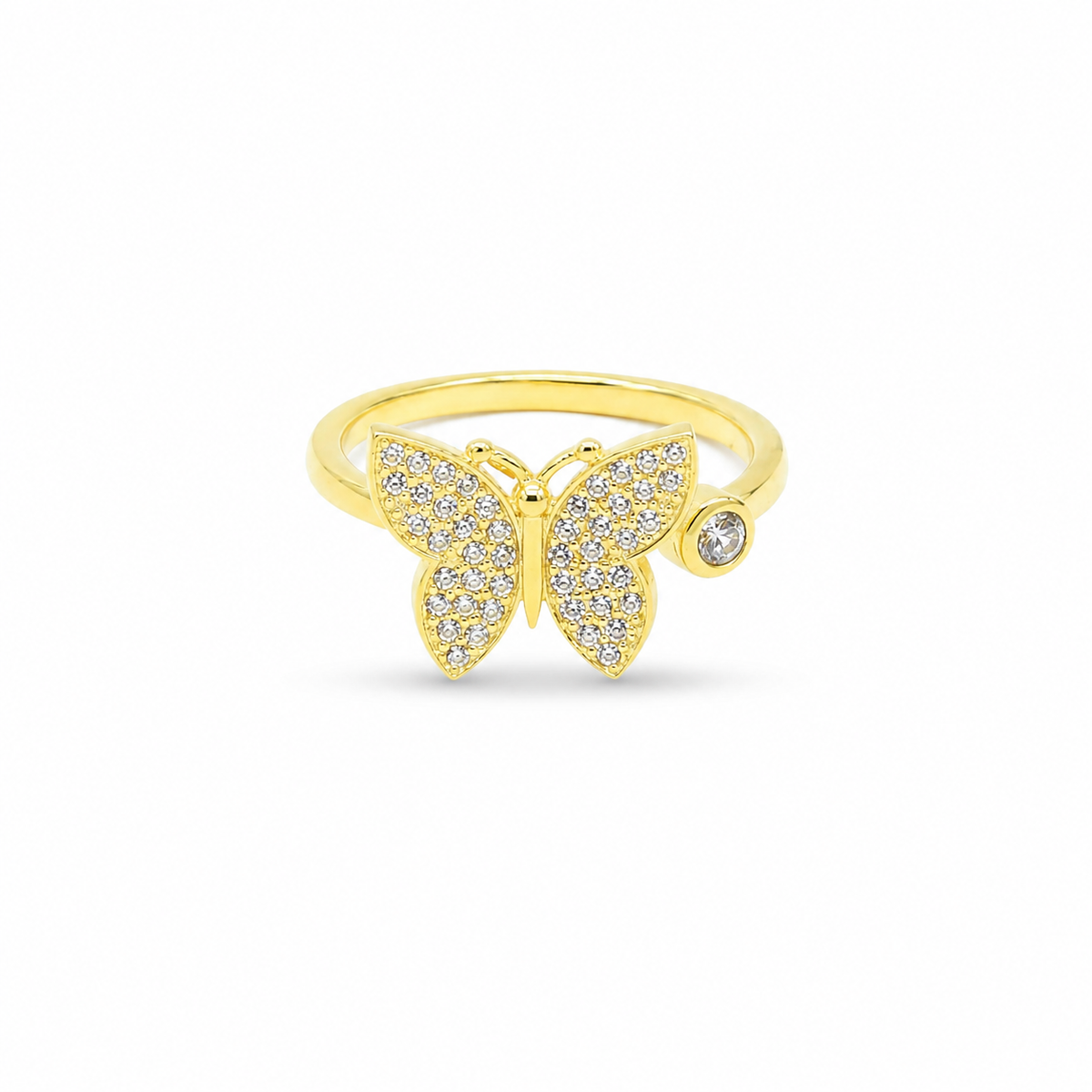 Gold-plated butterfly statement ring with sparkling CZ accents.
