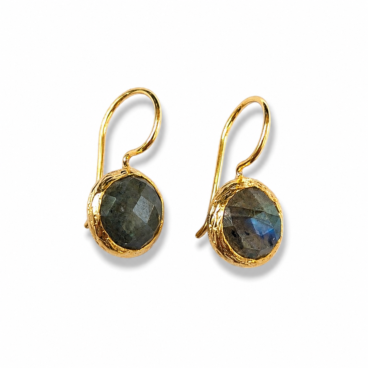 Gold-plated drop earrings with faceted labradorite stones.