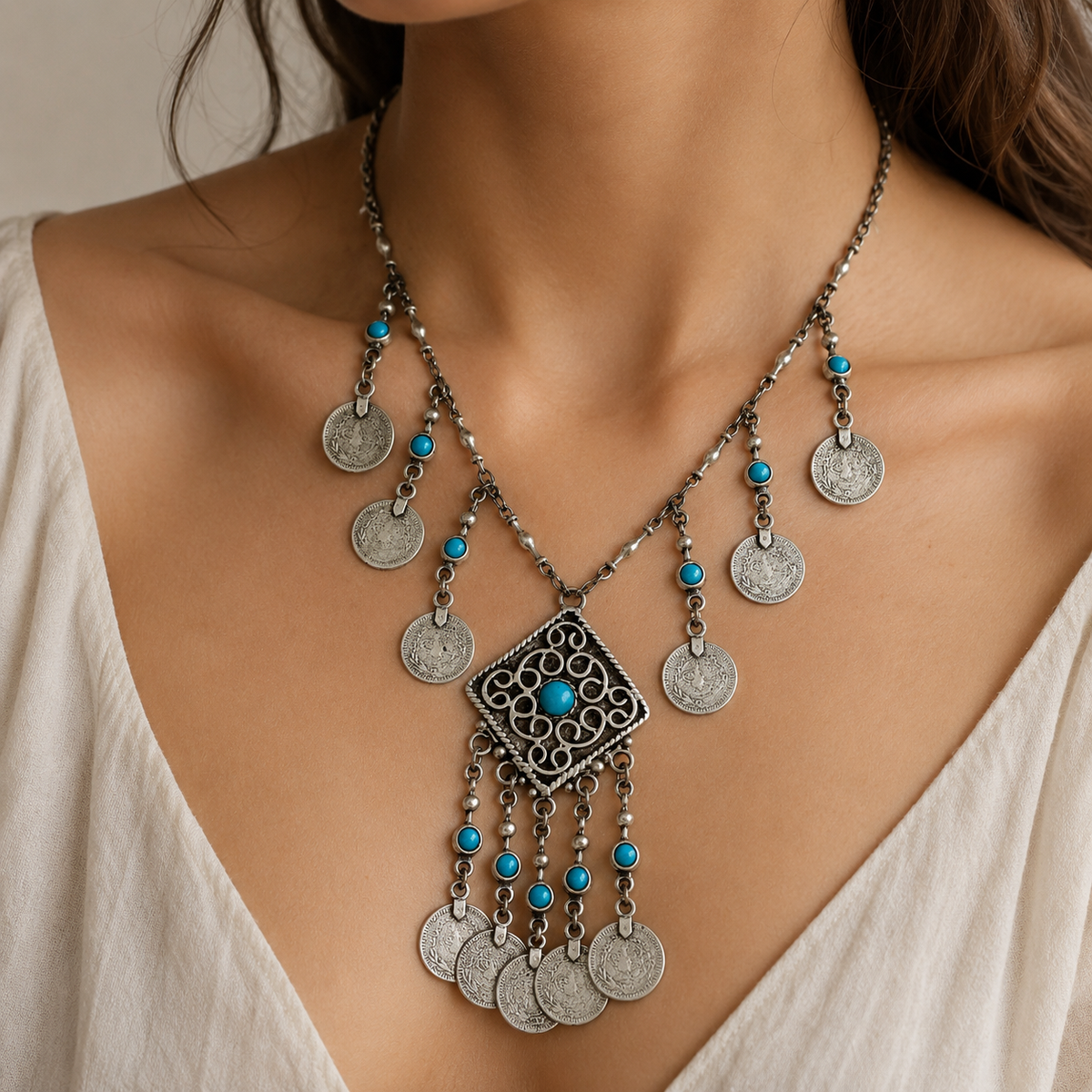 Silver necklace with turquoise accents, medallion coins, and a fringe pendant.