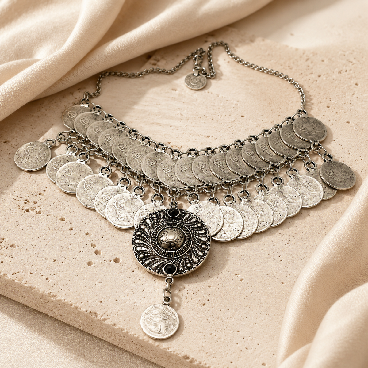 Silver-tone layered coin necklace with a bold bib shape.
