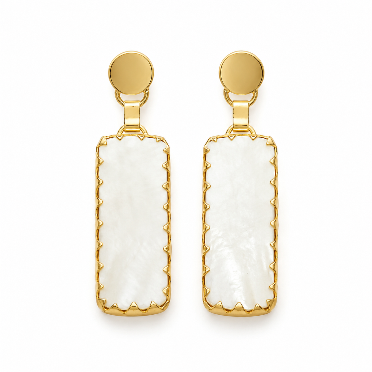 Gold-plated drop earrings with green agate and baroque pearl-inspired rectangular drops.