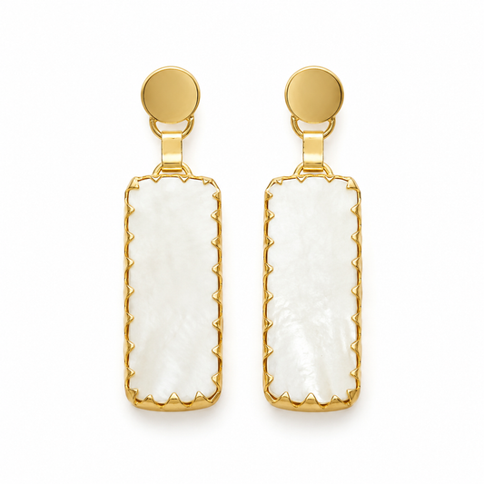 Gold-plated drop earrings with green agate and baroque pearl-inspired rectangular drops.