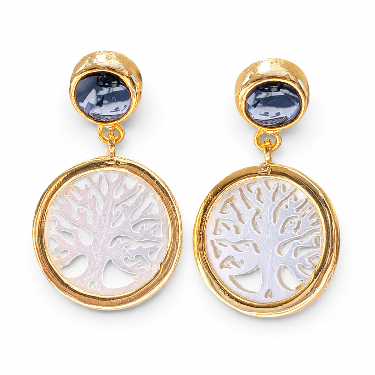 Gold-plated Tree of Life drop earrings with black onyx accents.