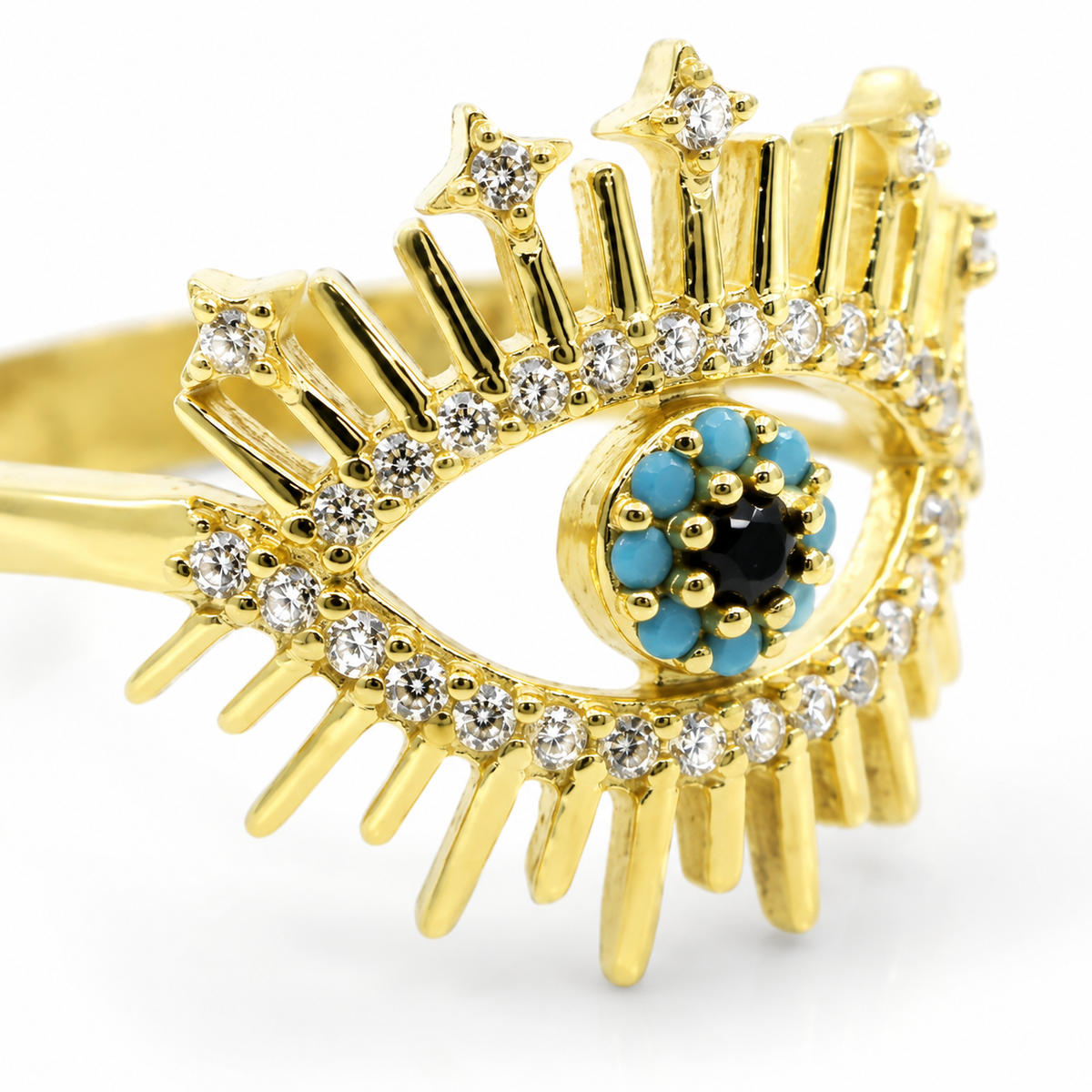 Close view of the evil eye ring with crystal-like sparkle and center accent.