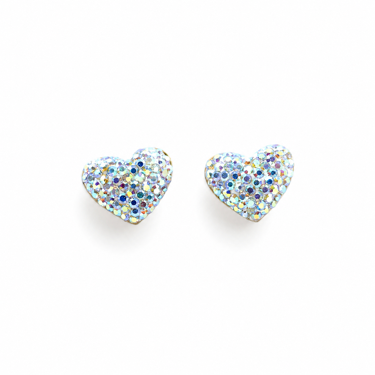 Pair of heart-shaped stud earrings with a sparkling crystal-like surface and gold-tone edges.