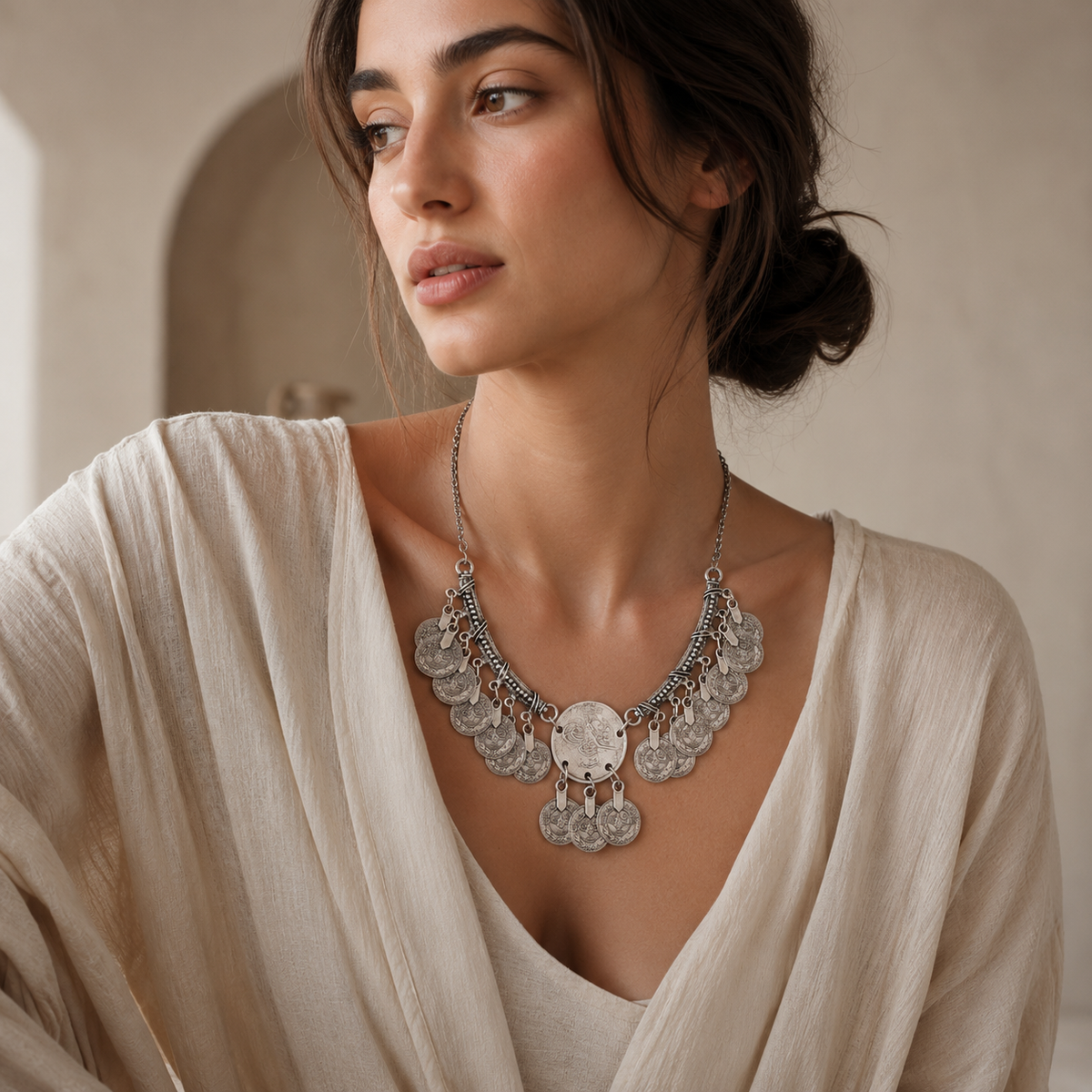 Front view of a silver-tone necklace with ornate coin charms and crescent pendant.