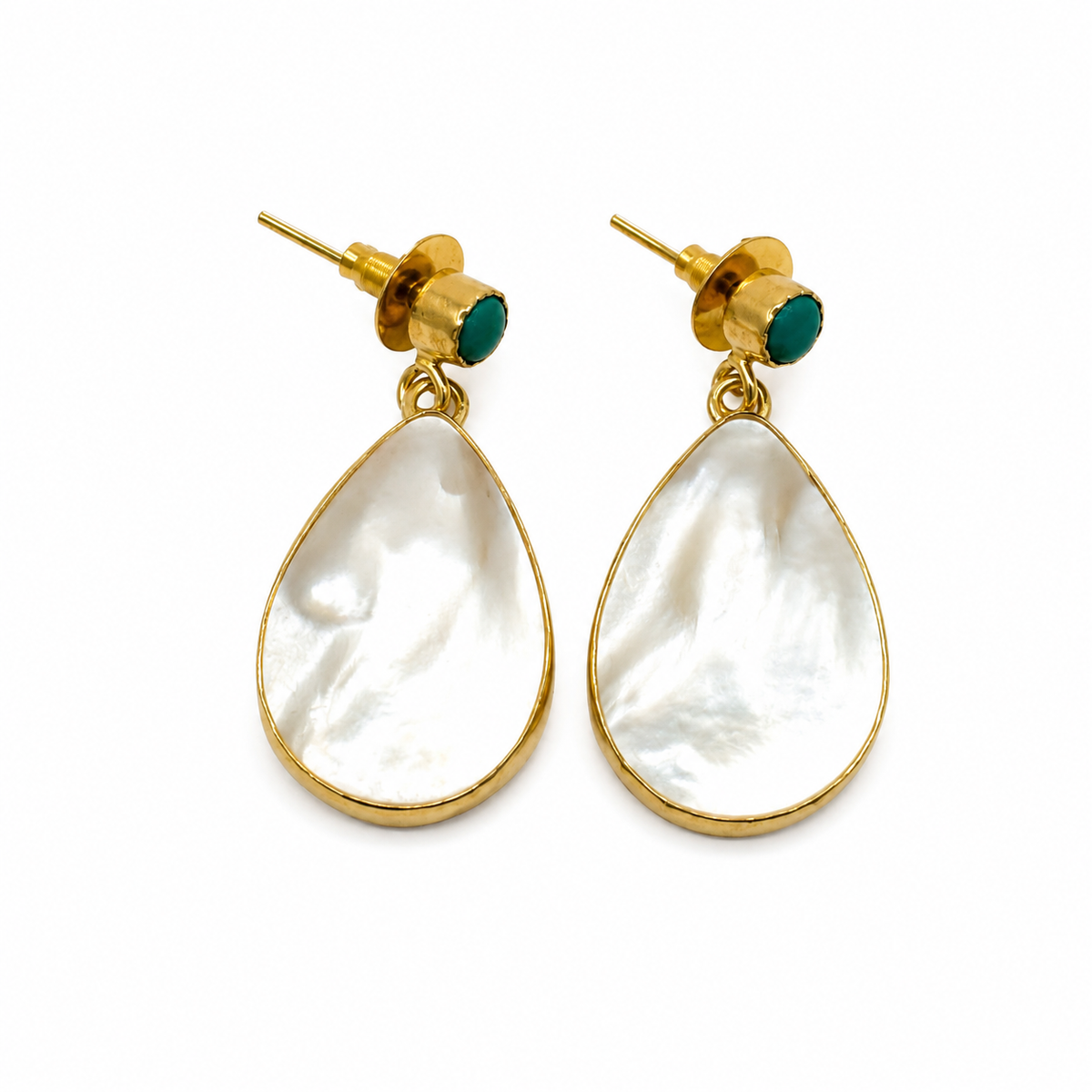 Gold plated drop earrings with mother of pearl and turquoise accents.