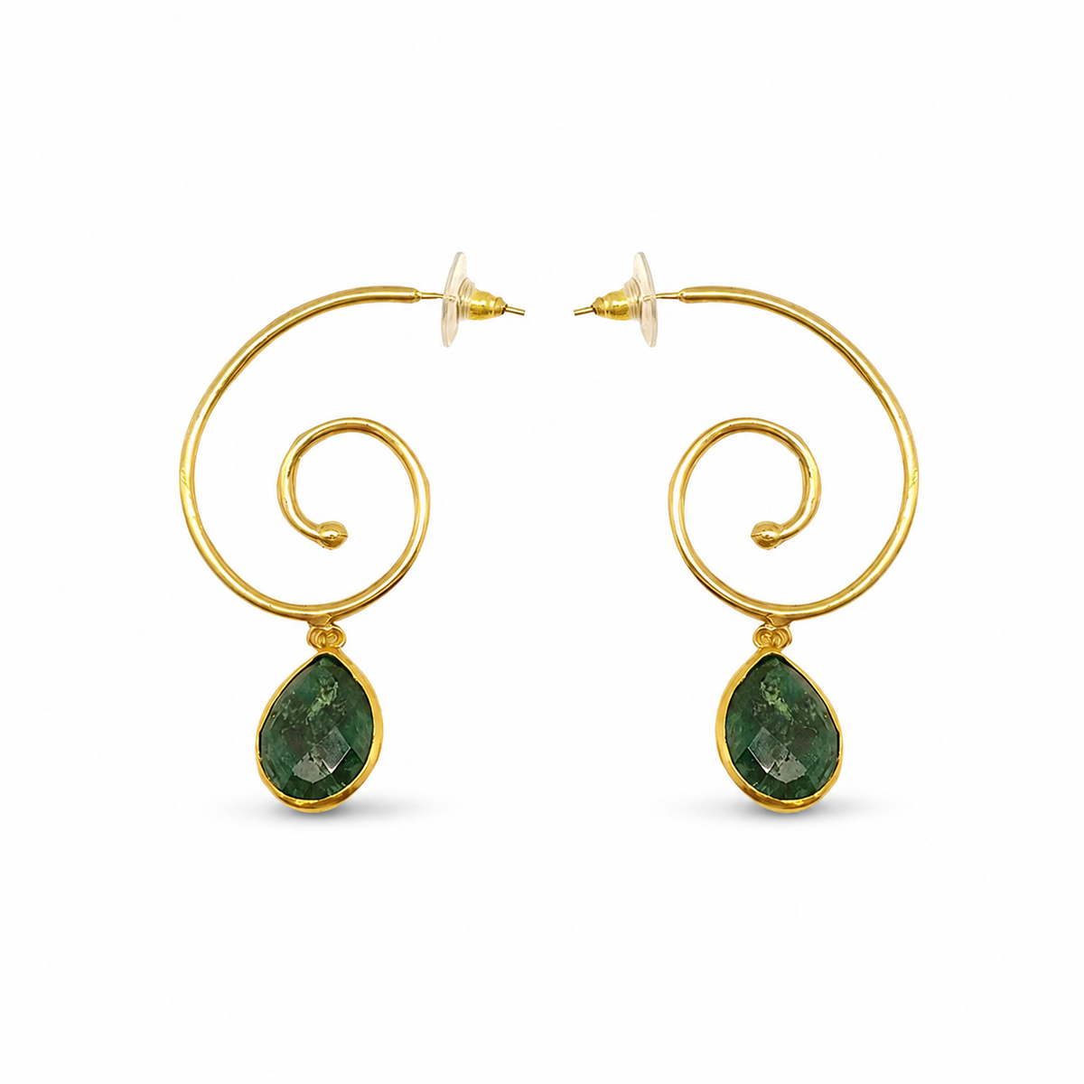 Gold-plated spiral drop earrings with deep green teardrop stones on a white background.
