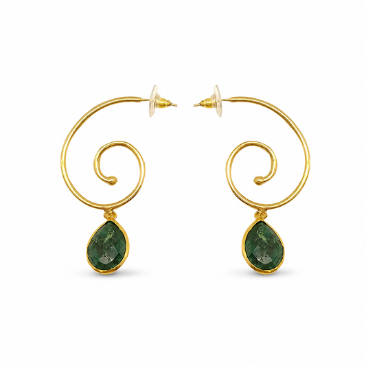Gold-plated spiral drop earrings with deep green teardrop stones on a white background.
