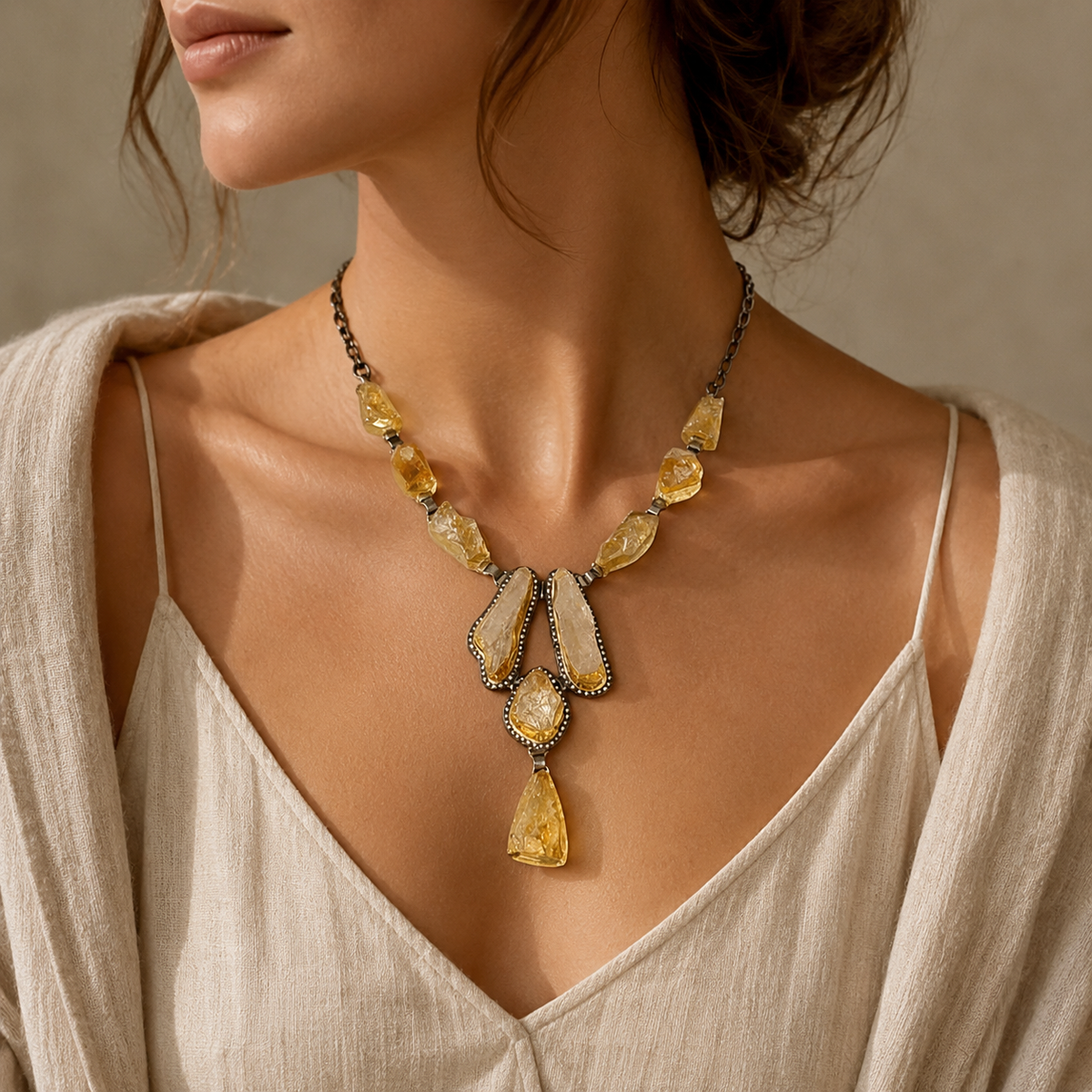 Raw citrine statement necklace with layered stone details.