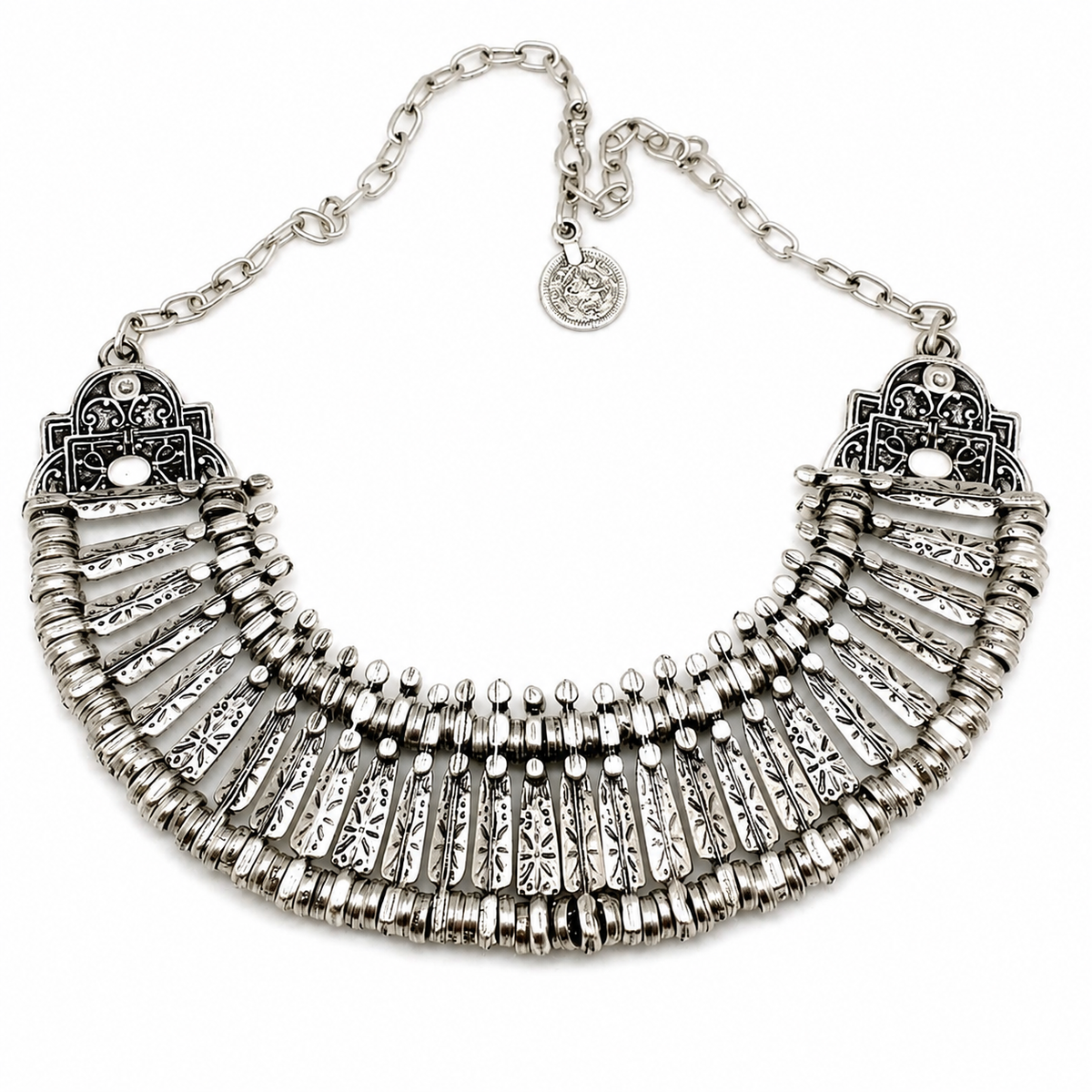 Silver-tone boho collar necklace with fan-shaped textured drops