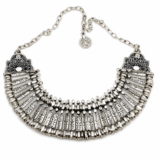Silver-tone boho collar necklace with fan-shaped textured drops