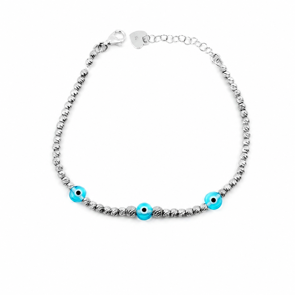 Silver-tone beaded bracelet with bright blue eye accents on a white background.