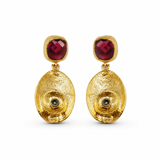 Gold-plated drop earrings with olive green stones and textured oval pendants.