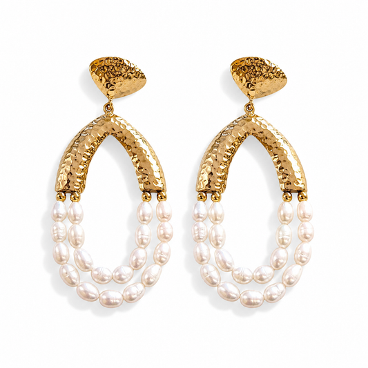 Pair of gold-tone chandelier earrings with hammered arches and layered pearl drops.