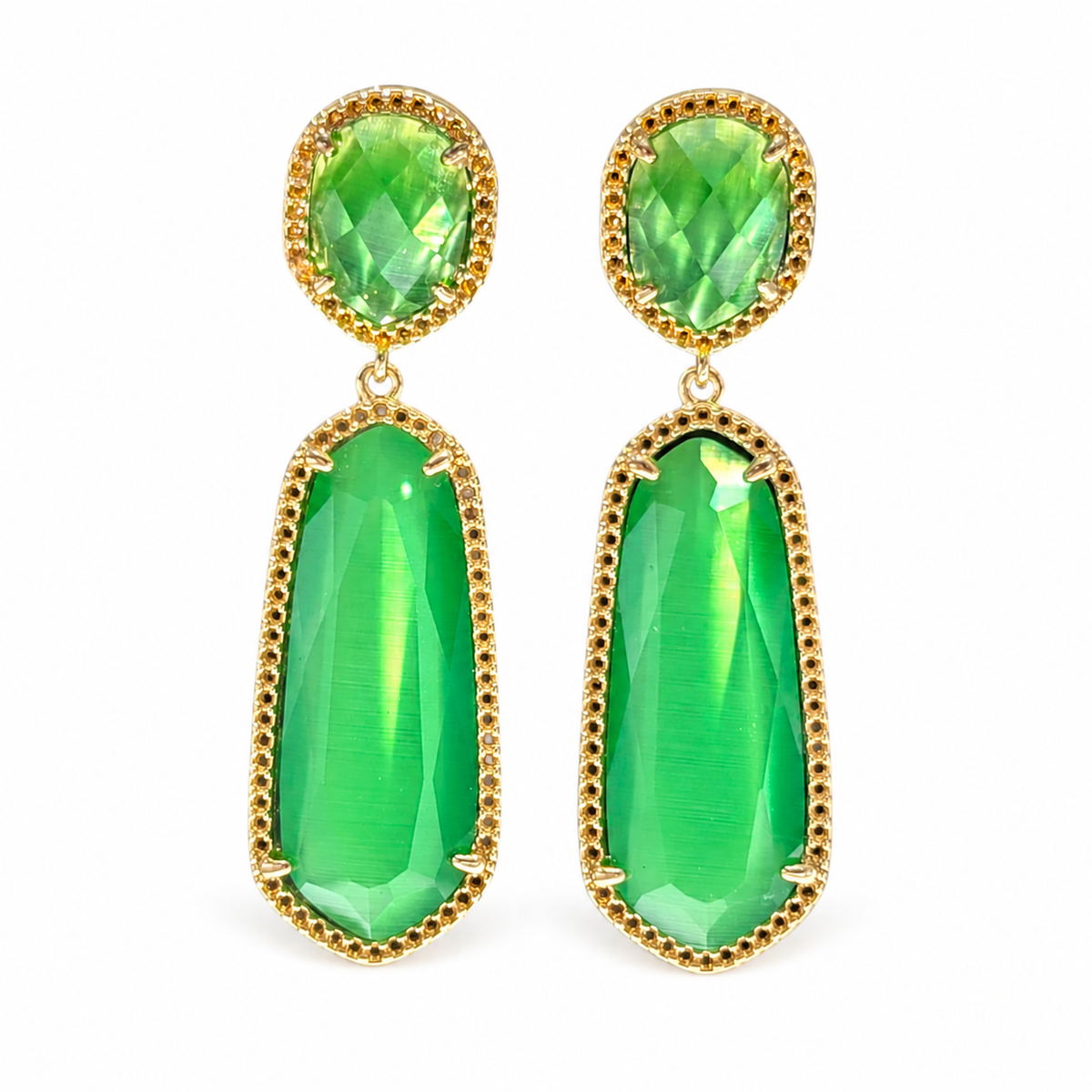 Pair of emerald green cat eye statement earrings with a gold-plated drop design.