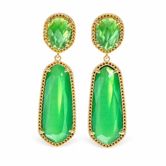 Pair of emerald green cat eye statement earrings with a gold-plated drop design.
