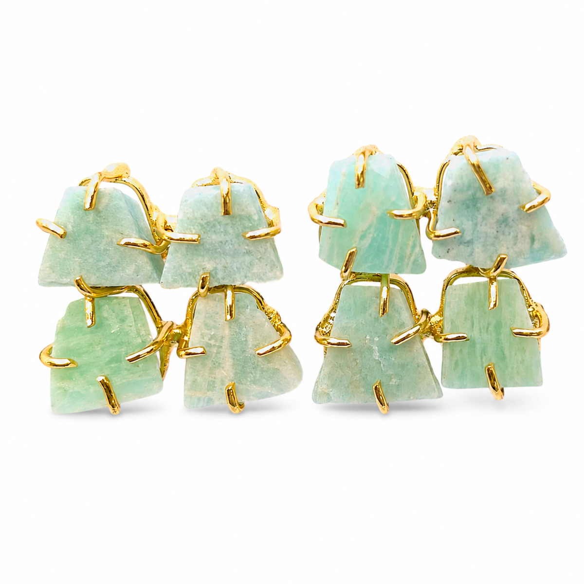 Pair of rough apatite stud earrings with gold-plated frames and soft blue-green stones.