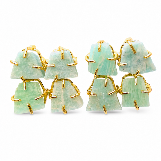 Pair of rough apatite stud earrings with gold-plated frames and soft blue-green stones.