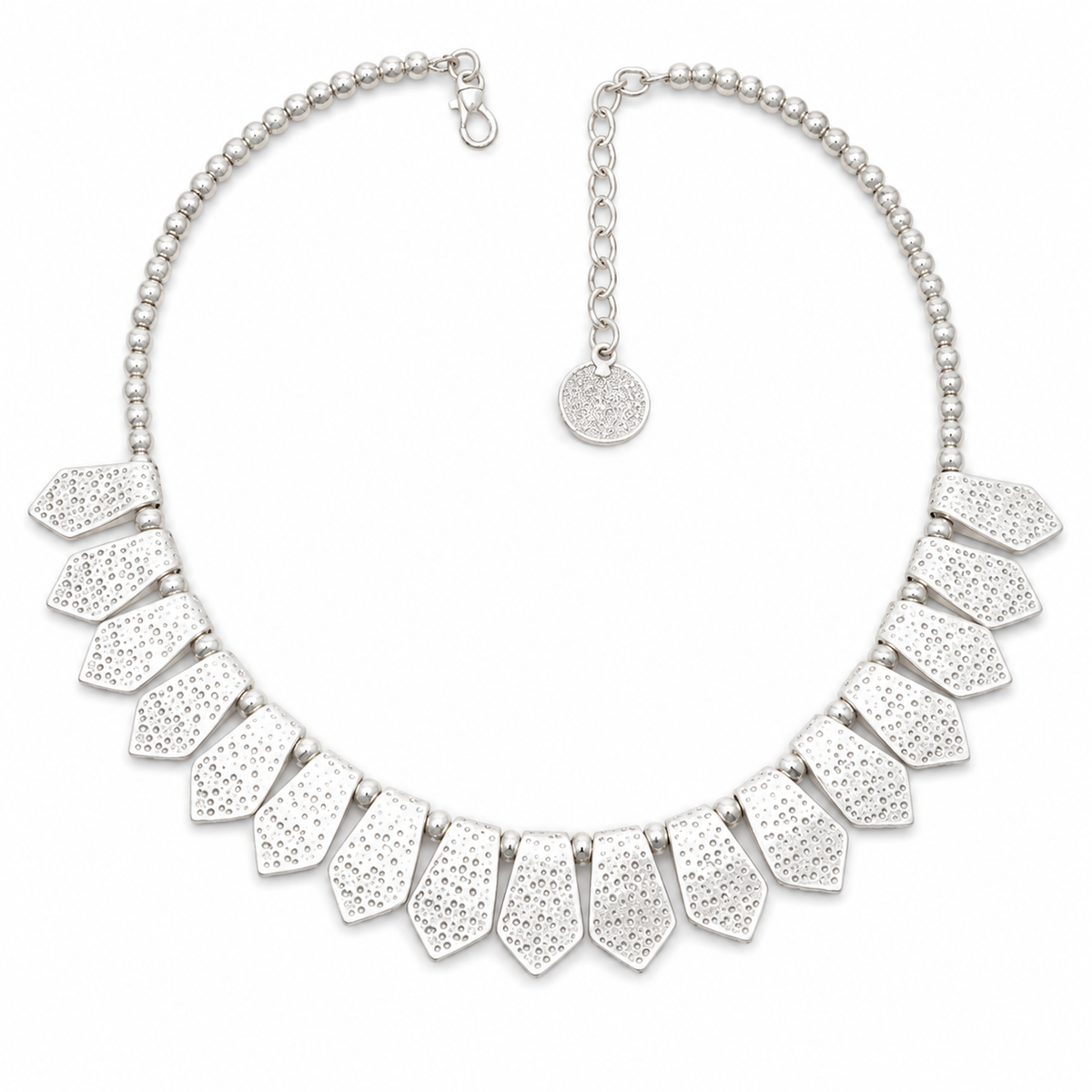 Silver-tone bib necklace with spear-shaped textured drops.