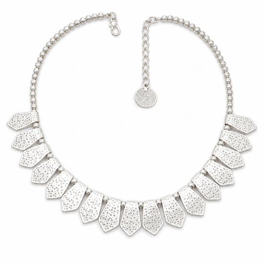 Silver-tone bib necklace with spear-shaped textured drops.