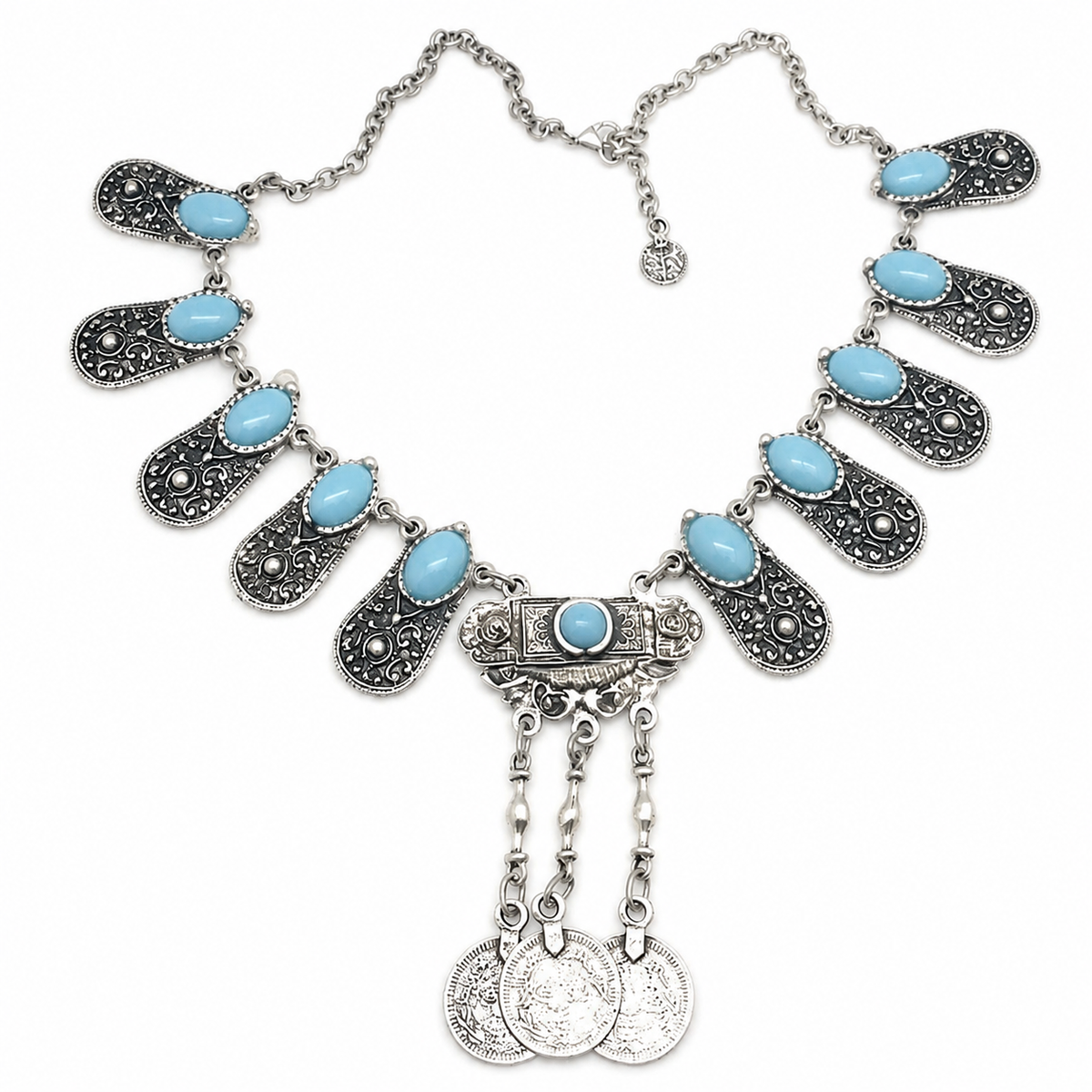 Silver engraved panel pendant necklace with blue oval accents and dangling coin charms.