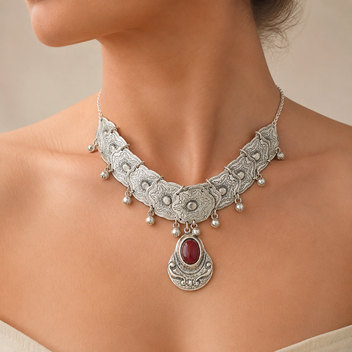 Silver-tone choker necklace with ornate plate details and a deep red center stone.