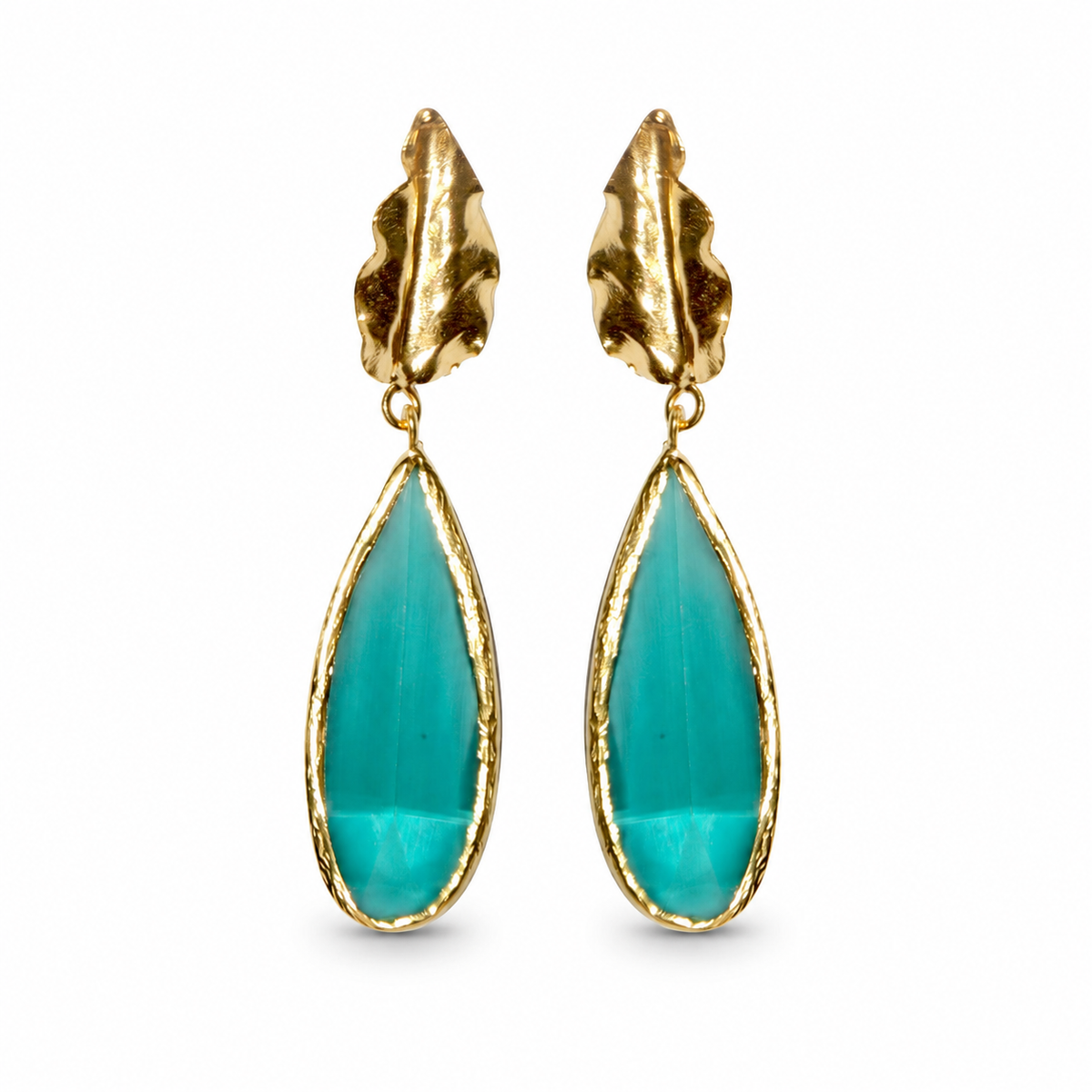Gold-plated leaf drop earrings with pine green teardrop accents.