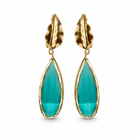 Gold-plated leaf drop earrings with pine green teardrop accents.